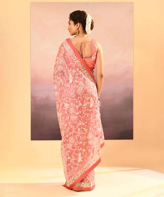 Peach pink embroidered tissue saree set 5