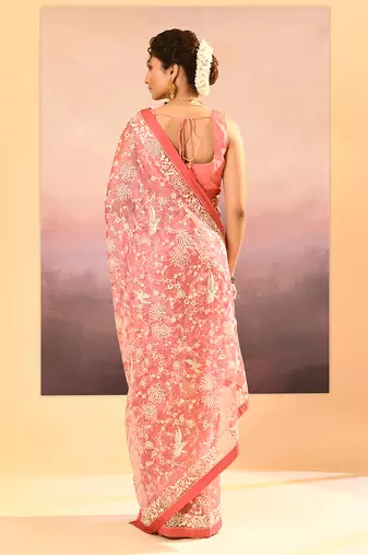 Peach pink embroidered tissue saree set