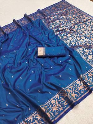 Teal soft banarasi silk saree with zari weaving  design with running blouse 2