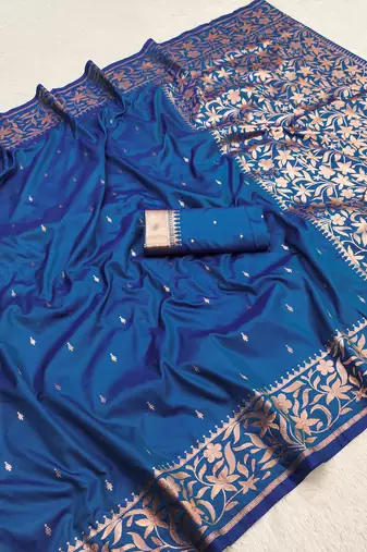 Teal soft banarasi silk saree with zari weaving  design with running blouse