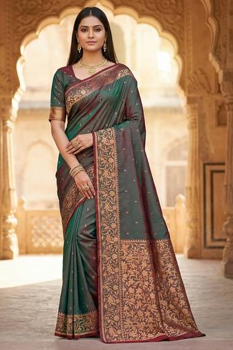 grey soft silk blend saree with zari weaving design with running blouse