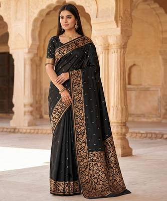 Black soft banarasi silk saree with zari weaving  design with running blouse 1