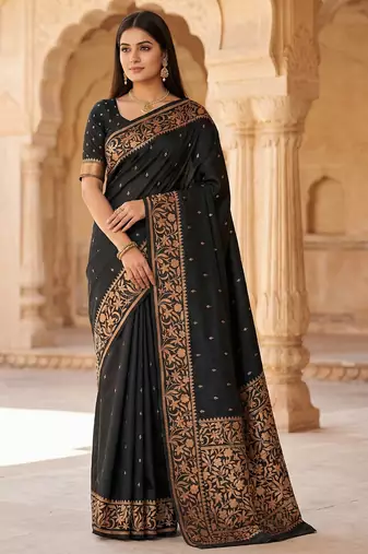 Black soft banarasi silk saree with zari weaving  design with running blouse