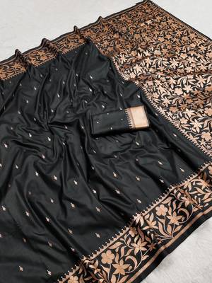 Black soft banarasi silk saree with zari weaving  design with running blouse 2
