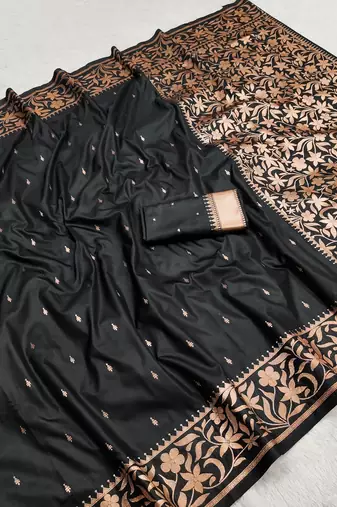 Black soft banarasi silk saree with zari weaving  design with running blouse