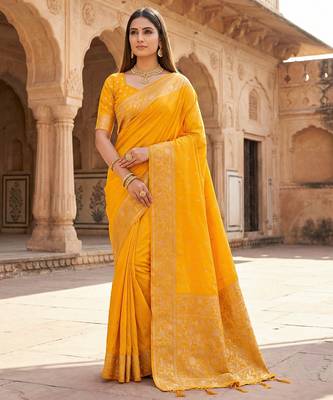 Yellow  soft banarasi silk saree with zari weaving  design with running blouse 1