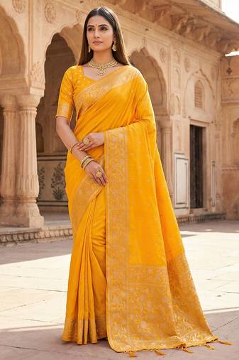 yellow soft silk blend saree with zari weaving design with running blouse