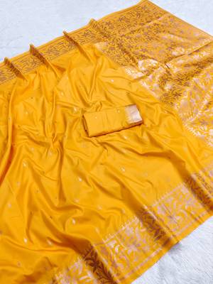 Yellow  soft banarasi silk saree with zari weaving  design with running blouse 2