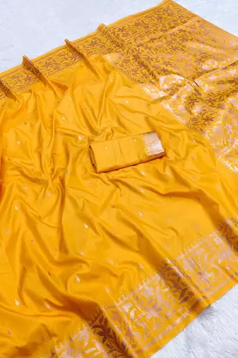 Yellow  soft banarasi silk saree with zari weaving  design with running blouse