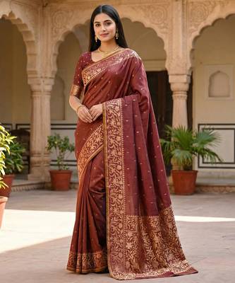 Coffee soft banarasi silk saree with zari weaving  design with running blouse 1