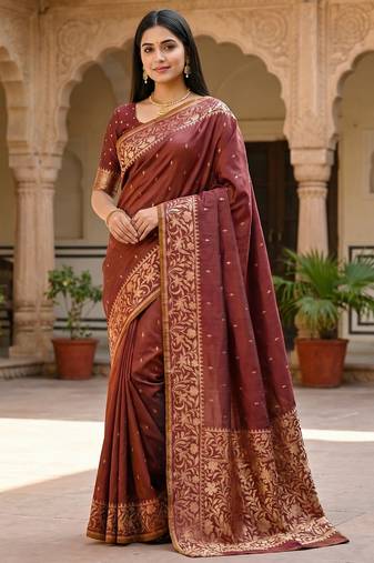 coffee soft silk blend saree with zari weaving design with running blouse