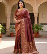 Coffee soft banarasi silk saree with zari weaving  design with running blouse