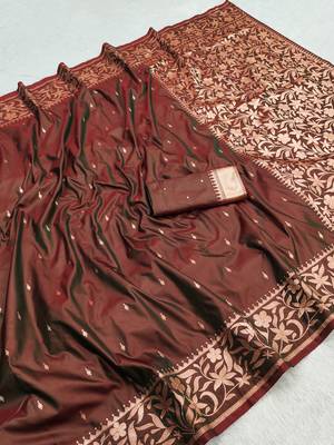 Coffee soft banarasi silk saree with zari weaving  design with running blouse 2
