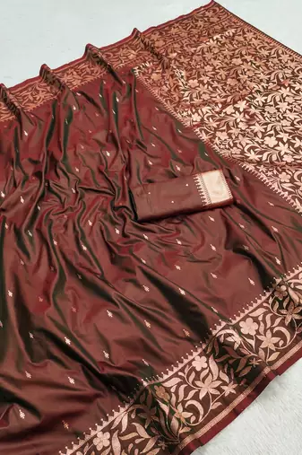 Coffee soft banarasi silk saree with zari weaving  design with running blouse
