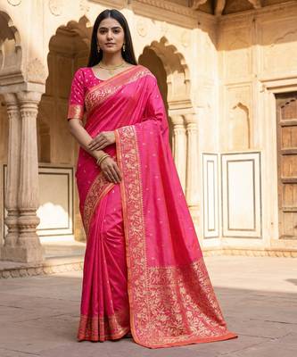Pink  soft banarasi silk saree with zari weaving  design with running blouse 1