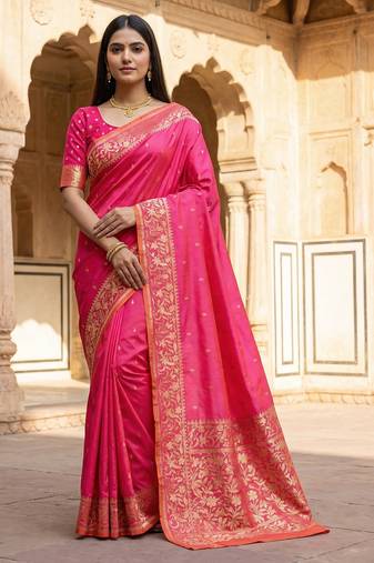 pink soft silk blend saree with zari weaving design with running blouse