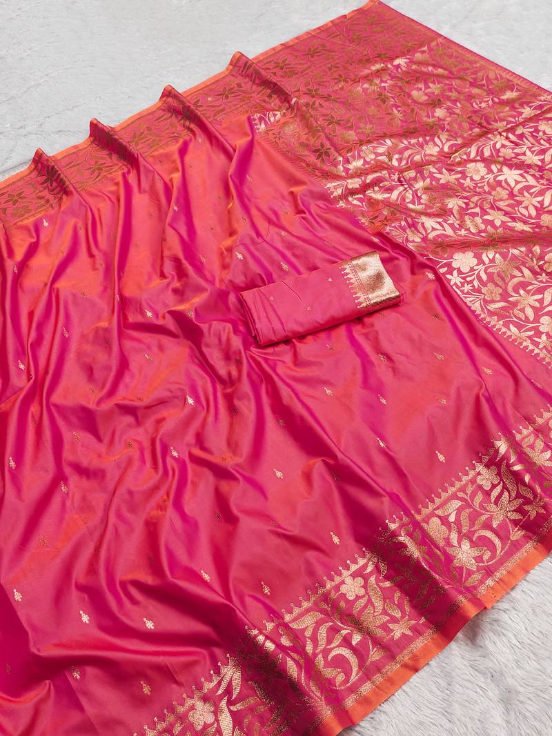 Pink  soft banarasi silk saree with zari weaving  design with running blouse