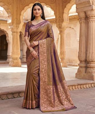 Golden soft banarasi silk saree with zari weaving  design with running blouse 1