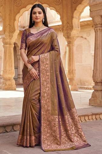 golden soft silk blend saree with zari weaving design with running blouse