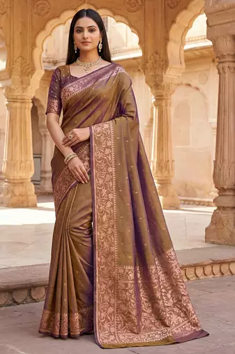 Golden soft banarasi silk saree with zari weaving  design with running blouse