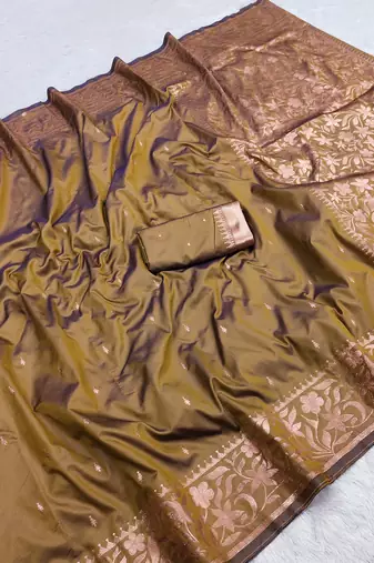 Golden soft banarasi silk saree with zari weaving  design with running blouse