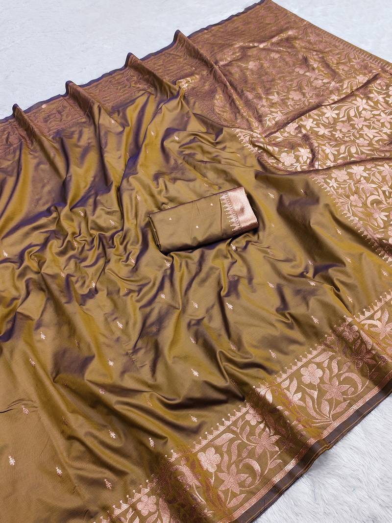 Golden soft banarasi silk saree with zari weaving  design with running blouse