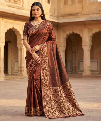 Brown soft banarasi silk saree with zari weaving  design with running blouse 1