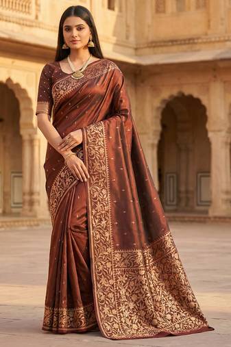 brown soft silk blend saree with zari weaving design with running blouse