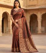 Brown soft banarasi silk saree with zari weaving  design with running blouse