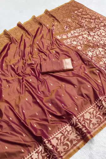 Brown soft banarasi silk saree with zari weaving  design with running blouse