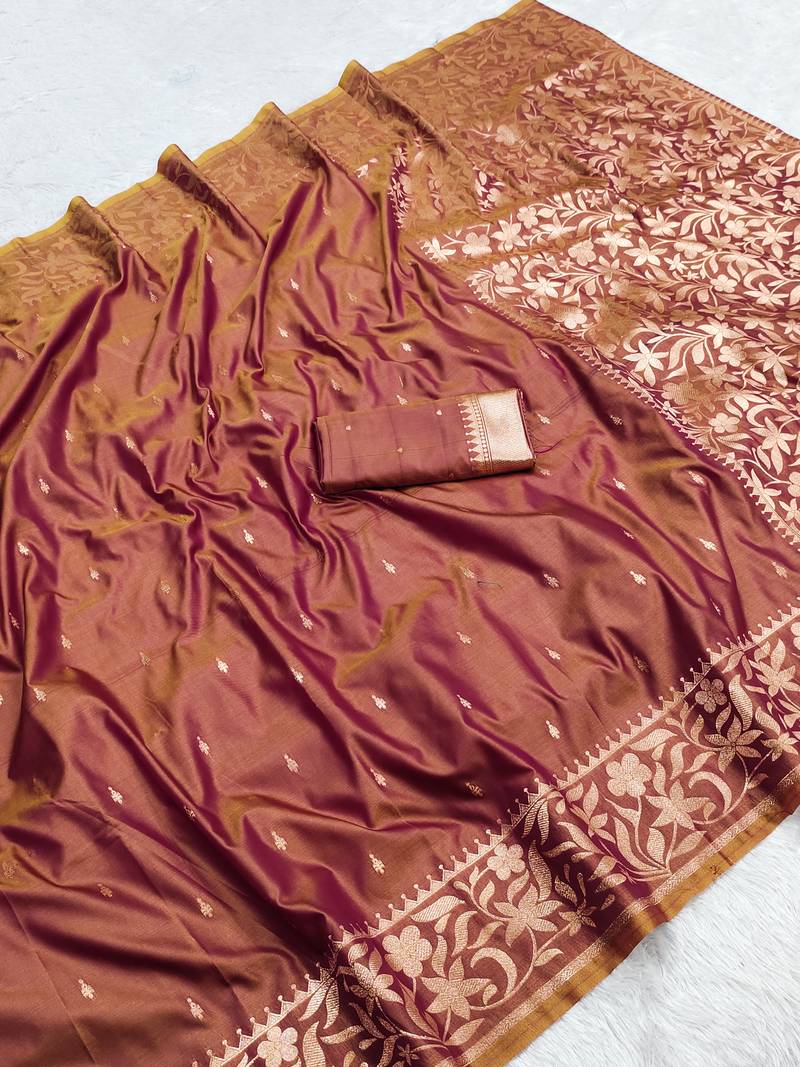 Brown soft banarasi silk saree with zari weaving  design with running blouse