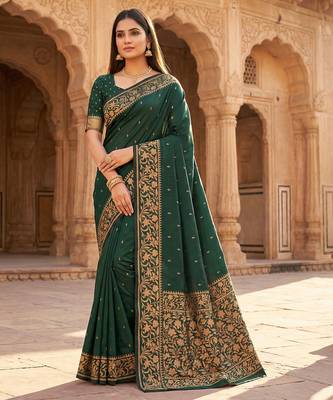 Green soft banarasi silk saree with zari weaving  design with running blouse 1