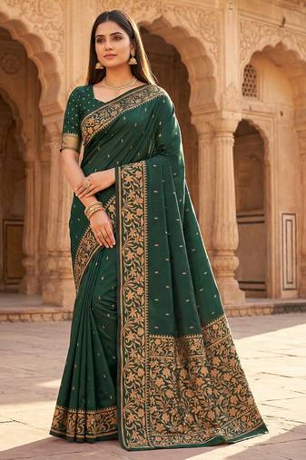 green soft silk blend saree with zari weaving design with running blouse