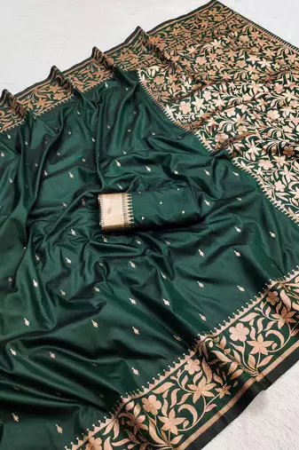 Green soft banarasi silk saree with zari weaving  design with running blouse