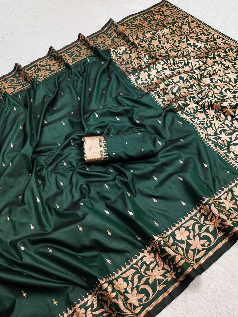 Green soft banarasi silk saree with zari weaving  design with running blouse
