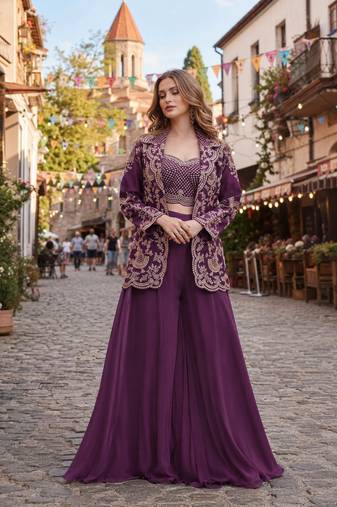 purple chinon free size stitched 3 piece suit with dori embroidery work