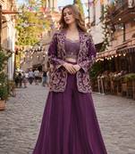 purple chinon free size stitched 3 piece suit with dori embroidery work