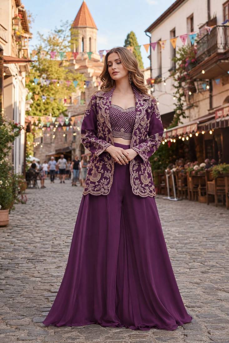 purple chinon free size stitched 3 piece suit with dori embroidery work