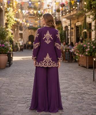 purple chinon free size stitched 3 piece suit with dori embroidery work 2