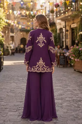 purple chinon free size stitched 3 piece suit with dori embroidery work
