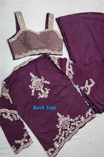purple chinon free size stitched 3 piece suit with dori embroidery work