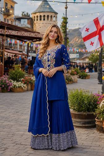 navy vichitra silk blend  readymade suit with thread embroidery work