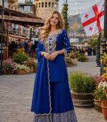 navy vichitra silk blend  readymade suit with thread embroidery work