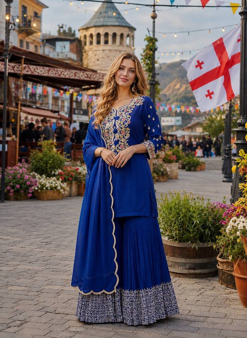 navy vichitra silk blend  readymade suit with thread embroidery work