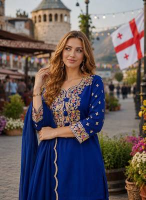 navy vichitra silk blend  readymade suit with thread embroidery work 2