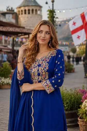 navy vichitra silk blend  readymade suit with thread embroidery work