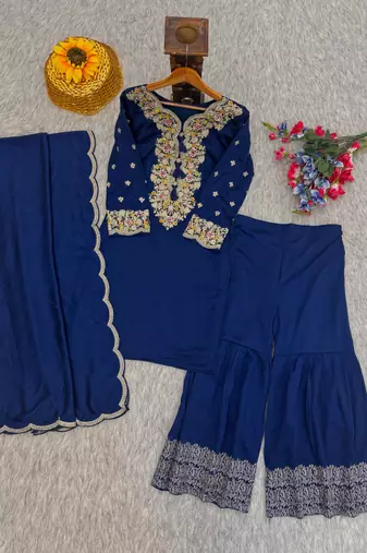 navy vichitra silk blend  readymade suit with thread embroidery work