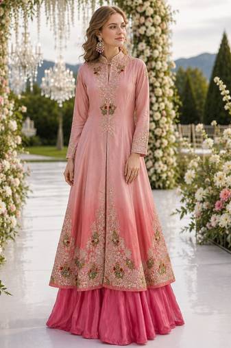 pink silk blend  readymade shrug suit with beads & embroidery work