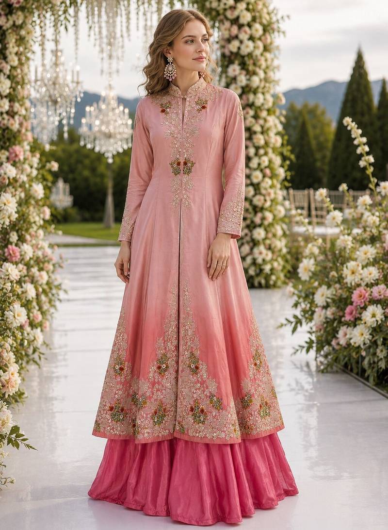 pink silk blend  readymade shrug suit with beads & embroidery work