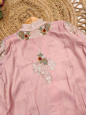 pink silk blend  readymade shrug suit with beads & embroidery work 3